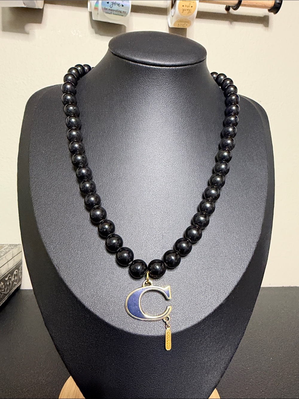 Black Acrylic Beaded Necklace Navt Blue 'C' Gold Coach Pendant - Women Jewelry